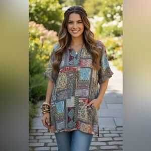 Shana‎ Top Silk Lightweight Blouse M  Short Sleeve Patchwork Art To Wear boho